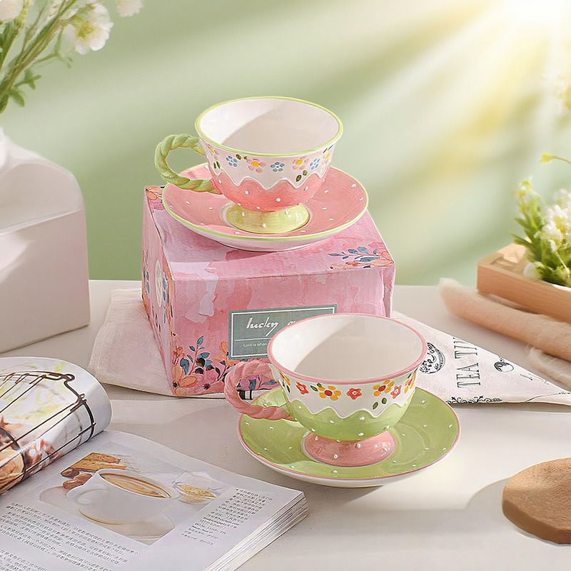 Korean Tea Set - ชุดถ้วยกาแฟเซรามิกลายดอกไม้สไตล์เกาหลี วาดลายด้วยมือ พร้อมจานรอง ดีไซน์สวยงาม ลายดอกไม้ เหมาะสำหรับดื่มชายามบ่าย