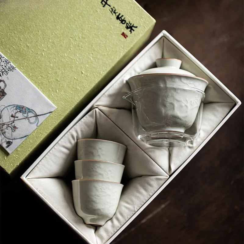 Korean Tea Set - ชุดถ้วยชาแก้วนูนลายทำมือสไตล์บูติก ชุดน้ำชาสามคนเพื่อนแห่งฤดูหนาว ชุดพิธีชงชาสวยงาม คอลเลคชั่นสำหรับร้านกาแฟ