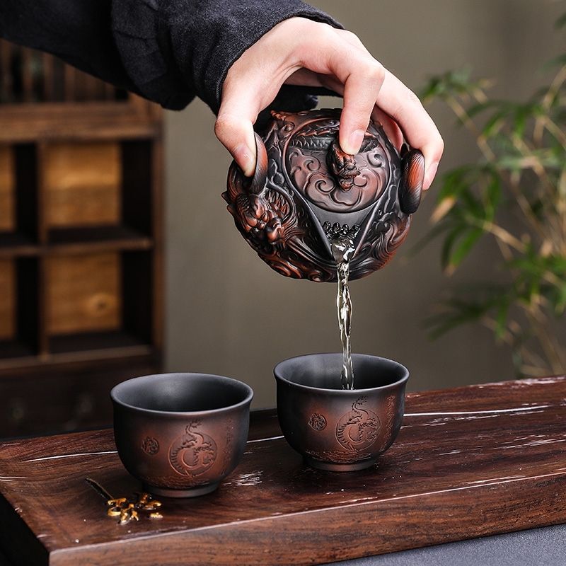 Korean Tea Set - จีนเครื่องปั้นดินเผาสีม่วง handmade กองแกะสลัก Flying Dragon Hand